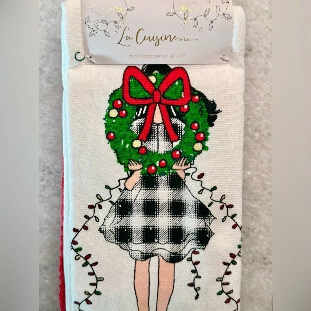 New Christmas Lady w/ Wreath & Buffalo Check Dress Kitchen Hand Towels Set of 4